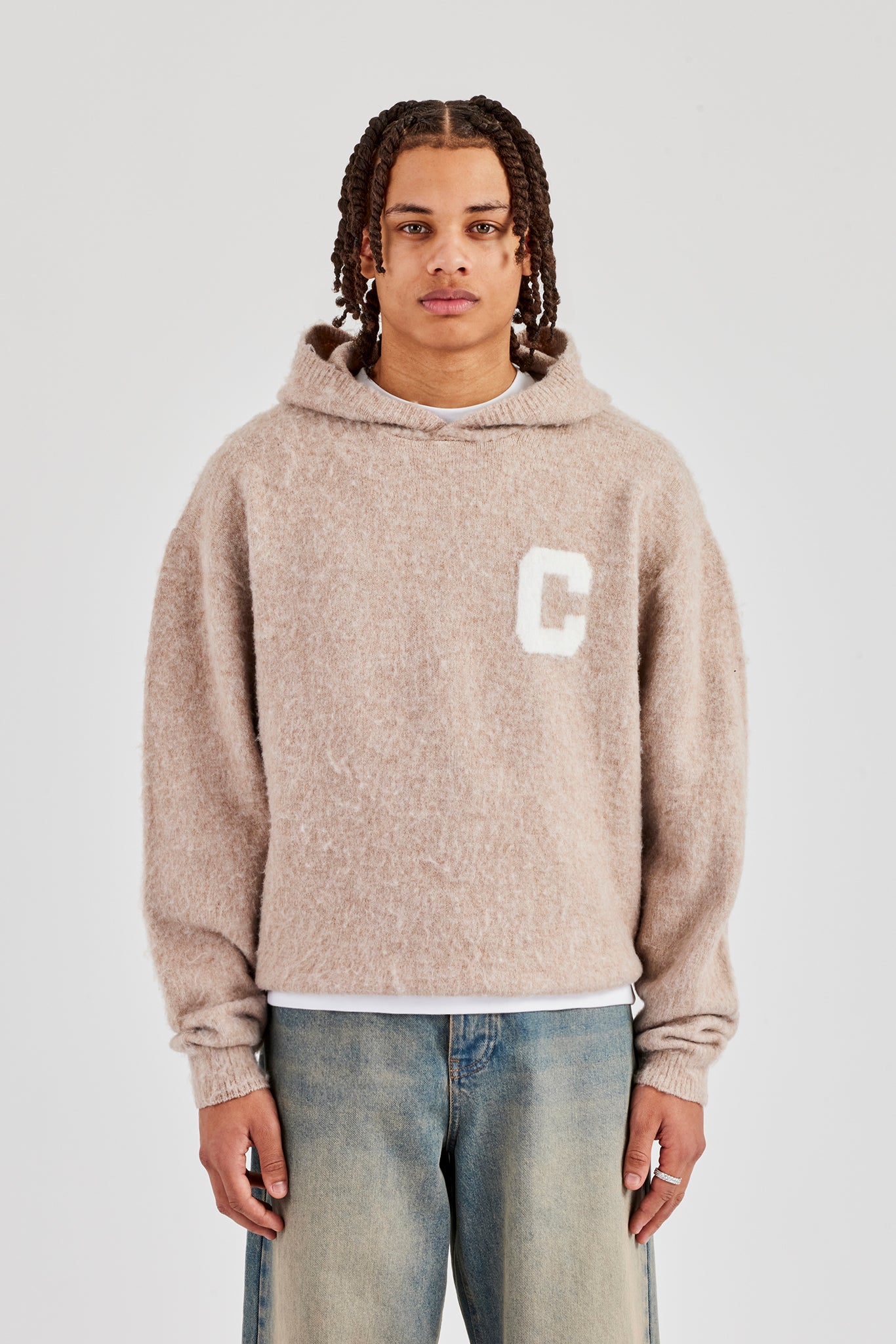 Brushed Knit Oversized Knitted Hoodie - Stone